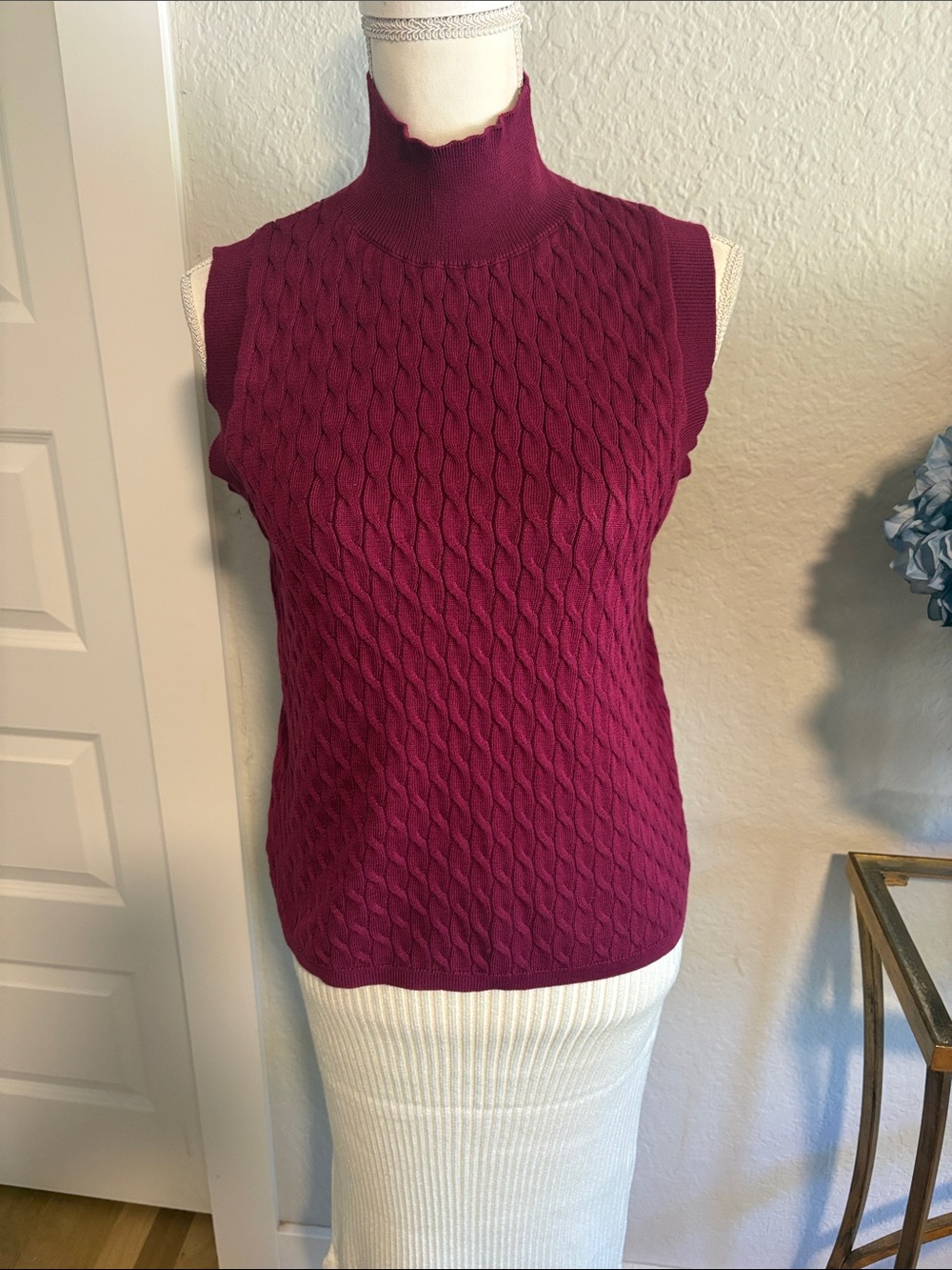 NY & Company Sleeveless Cable Knit Mock Neck Sweater Vest- Raspberry